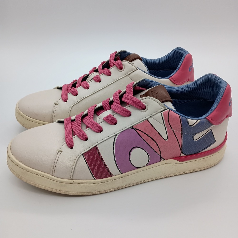 Coach G5101 Love Graphic Low Top Sneakers White Pink Blue Womens 6B - Picture 1 of 8